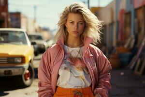 90s nostalgia American girl in the streets. AI generative photo