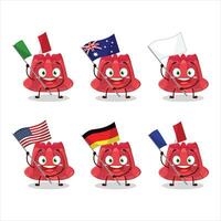 rojo pudín dibujos animados personaje traer el banderas de varios países vector