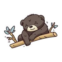 Vector illustration of cute teddy bear lying on a tree branch.