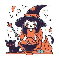 Cute little witch cooking potion. Vector illustration in cartoon style.