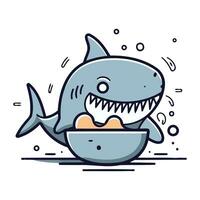 Cute cartoon shark eating an egg in bowl. Vector illustration.