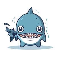 Shark with a gun. Vector illustration. Cute cartoon character.