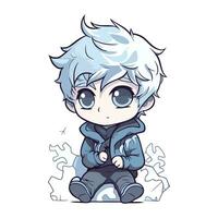 Cute little boy with big eyes and blue hair sitting on a rock vector