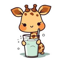 Cute giraffe drinking milk from a glass. Vector illustration.