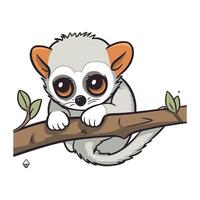 Cute little lemur sitting on a branch. Vector illustration.