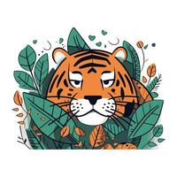 Cute tiger with leaves. Vector illustration in flat cartoon style.