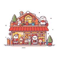 Santa Claus and children in front of the store. Vector illustration.