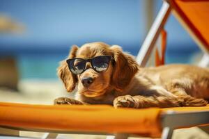 Dog Puppy wearing sunglasses, lying on a sunbed to sunbath at the beach sea on summer vacation, holidays. Funny concept. AI Generative photo