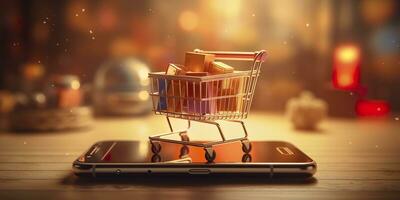 E-Commerce Shopping Cart with Multiple Products. A Sunlit Abstract Background. E-commerce concept. AI Generative photo