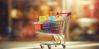 E-Commerce Shopping Cart with Multiple Products. A Sunlit Abstract Background. E-commerce concept. AI Generative photo