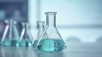 A Science Beaker in the laboratory on a table white and light blue background.. laboratory equipment out of focus. AI Generative photo