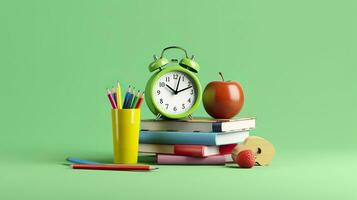 popular Arte ilustración de colegio accesorios con manzanas, libros, y un alarma reloj en el colegio antecedentes. espalda a colegio concepto. 3d representación, ai generativo foto