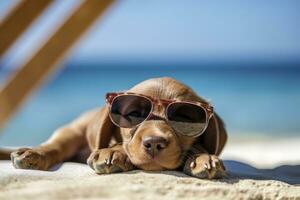 Dog Puppy wearing sunglasses, lying on a sunbed to sunbath at the beach sea on summer vacation, holidays. Funny concept. AI Generative photo