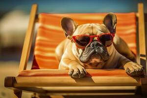 Dog Puppy wearing sunglasses, lying on a sunbed to sunbath at the beach sea on summer vacation, holidays. Funny concept. AI Generative photo