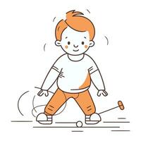 Little boy playing lacrosse. Vector illustration in thin line style.