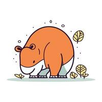 Cute cartoon hippopotamus with autumn leaves. Vector illustration.