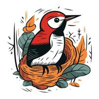 Hand drawn vector illustration of a woodpecker in a nest.