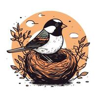 Hand drawn vector illustration of a chickadee in a nest.