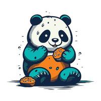 Cute panda sits on the moon and eats cookies. Vector illustration.