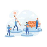 Solar energy system. installing solar modules. Field service technician, worker, engineer and manager, flat vector modern illustration