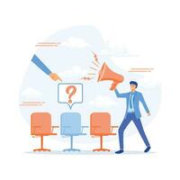 Open vacancy and empty company chair as hiring symbol tiny person, flat vector modern illustration