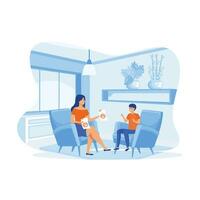 Child psychologist flat concept with woman specialist showing pictures to the boy vector illustration. flat vector modern illustration