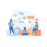 Email encryption. Group of people stand near big envelope, letter, shield, flat vector modern illustration