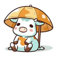 Cute cow with umbrella isolated on white background. Vector illustration.