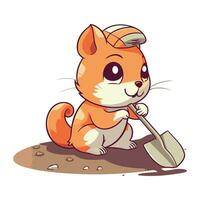 Cute cartoon cat with a shovel. Vector illustration on white background.