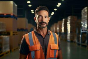 Mexican latin american hispanic warehouse worker in distribution delivery center. Storehouse package supervisor. AI generative photo