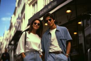 nostálgico París un de pareja 1990s romance en el ciudad calles ai generativo foto