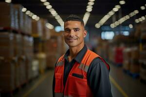 Mexican latin american hispanic warehouse worker in distribution delivery center. Storehouse package supervisor. AI generative photo