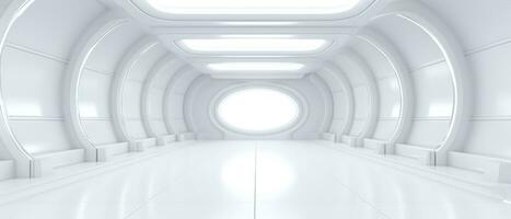 Empty futuristic white room with copy space for presentation product. AI generative photo