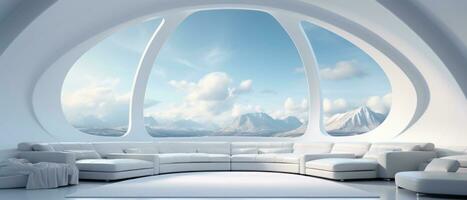 Futuristic white living area with a sleek big sofa, providing a tranquil escape with captivating views of a sci-fi realm. AI generative photo