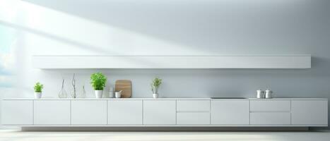 Pure white minimalistic kitchen with loft elements. AI generative photo