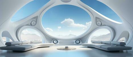 Futuristic white Media room, sci-fi room looking out to an landscape. Big sofa. AI generative photo