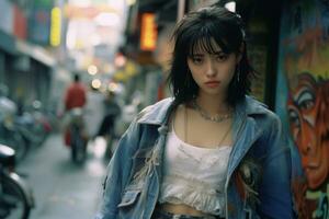 joven niña inmerso en el vibrante energía de de tokio años 90 calles, un fusión de cultura y moda. ai generativo foto