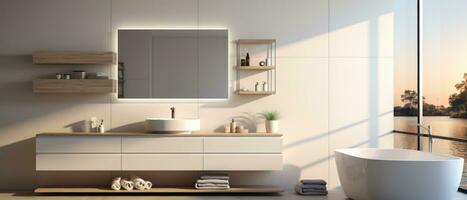 Modern Minimalist white Scandinavian bathroom with walk-in closet, interior design. AI generative photo