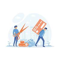 Cut debt.  Showing a person trap in a credit card debt, flat vector modern illustration