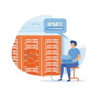 Server maintenance. Man working at server rack hardware room, updates and optimization computer systems, flat vector modern illustration