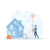 eco technology. tiny man connecting plug on wire to socket leading from sun to charge generator with solar panel on roof of house, flat vector modern illustration