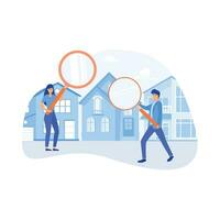 Real estate business concept.  people group looking home on market. Buy or rent house online, flat vector modern illustration