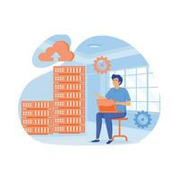 Data center. Man engineer maintains server room and controls performance of hardware on dashboard, flat vector modern illustration