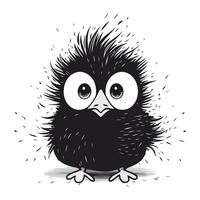 Cute little black bird with big eyes isolated on white background. Vector illustration.