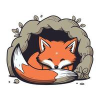 Cute fox in a cave. Vector illustration of a cartoon fox.