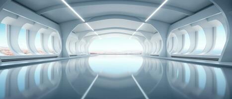 Empty futuristic white room with copy space for presentation product. AI generative photo