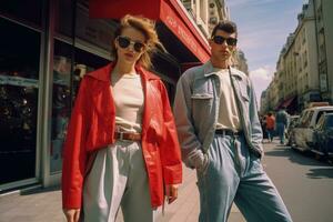 Vintage love A couple's enchanting stroll through 1990s Paris. AI generative photo