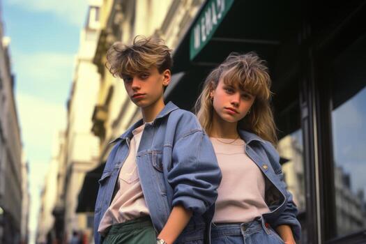 Nostalgic Paris stroll Friends in the enchanting streets of the '90s. AI generative photo