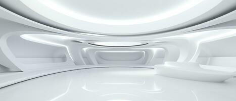 Empty futuristic white room with copy space for presentation product. AI generative photo