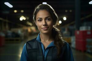 Mexican latin american hispanic warehouse worker in distribution delivery center. Storehouse package supervisor. AI generative photo